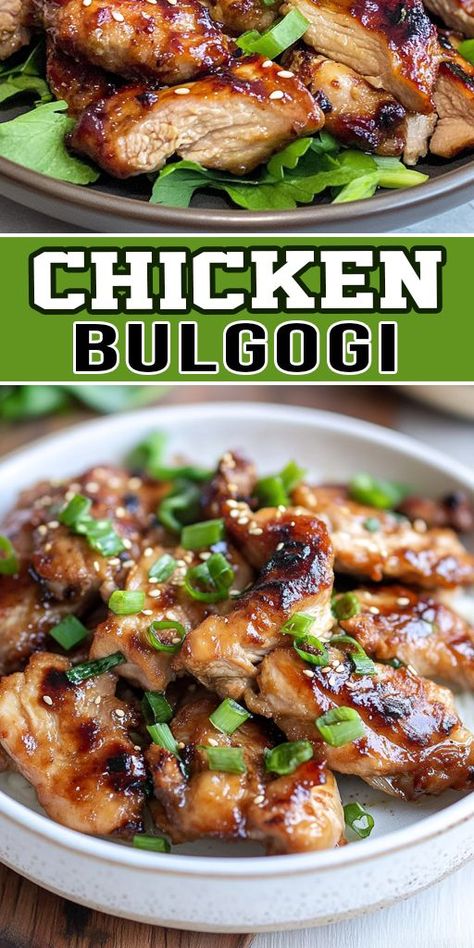 Craving Korean food? 🍲🇰🇷 Make this Chicken Bulgogi at home! It’s tender, juicy, and coated in a flavorful marinade. Perfect for BBQ nights, meal prep, or a quick weeknight meal. 🥢✨ #AsianFood #ChickenRecipes #FlavorfulMeals Korean Bbq Chicken Tacos, Korean Chicken Bowls, Korean Bbq Chicken Marinade, Korean Chicken Breast Recipes, Korean Chicken Marinade, Korean Chicken Thighs, Chicken Bulgogi Recipe, Korean Chicken Recipe, Korean Bbq Marinade