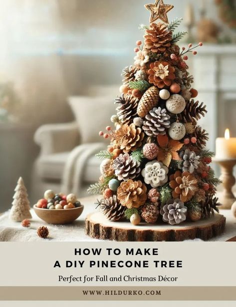 How to Make a DIY Pinecone Tree - Colorful Conversations: HildurKO's Visual Journal Xmas Pine Cone Decorations, Pine Cones Christmas Crafts, Pinecone Christmas Decorations Diy, Pinecone Tree Craft, Diy Pinecone Christmas Tree, Pinecone Christmas Trees Diy, Small Pinecone Crafts Ideas, How To Treat Pinecones For Crafts, Diy Pinecone Tree