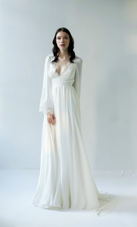 Deep V Back Wedding Dress, Ireland Elopement, Leanne Marshall, Chiffon Wedding Dress, Back Wedding Dress, Bohemian Wedding Dress, Sleeve Wedding Dress, Long Sleeve Wedding, Chiffon Long Sleeve