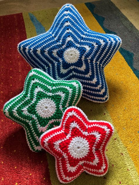 These crochet patterns are for making small, medium and large bright star shaped pillows; lovely for home décor or as unique gifts 🎁

You can use 2 colours for the cushions, as I did, or many colours to make them very colourful.

Diameter of the small cushion is about: 10.6 inches (27 cm).
Diameter of the medium cushion is about: 13.8 inches (35 cm).
Diameter of the large cushion is about: 19.7 inches (50 cm). Crochet Small Star, Crochet Star Pillow, Cushion Crochet, Crochet Star Patterns, Crochet Pillow Cases, Crochet Cushion Pattern, Star Pillow, Tunisian Crochet Pattern, Pillow Patterns