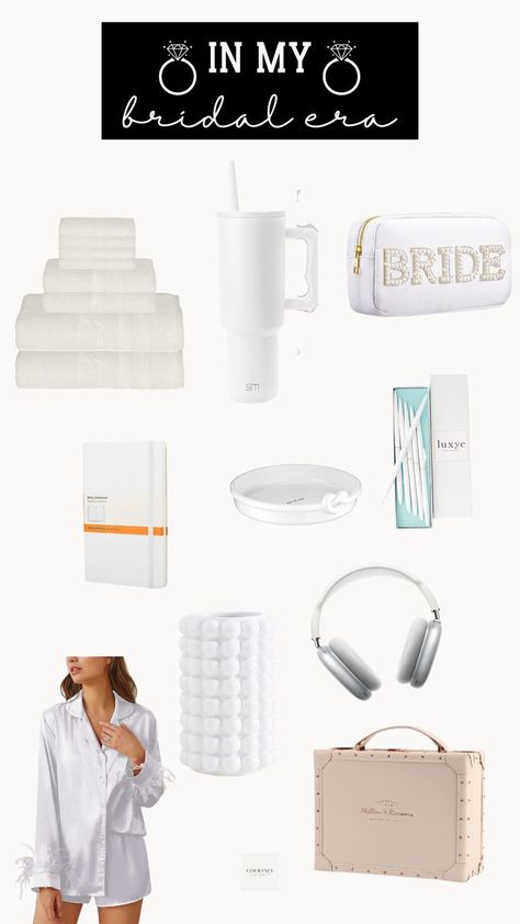 A selection of elegant white-themed Amazon products, perfect for newly engaged brides to celebrate and enhance their engagement journey. Bridal Planner, Bridal Trends, Engagement Season, Rustic Outdoor Wedding, Courtney Love, Black Tie Affair, Wedding Essentials, Newly Engaged, Unique Wedding Favors