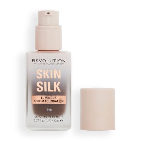 Combining an airy texture with light to medium coverage, Revolution’s Skin Silk Serum Foundation encourages a natural air-brushed effect.  The formula visibly blurs, brightens and smooths the complexion while remaining comfortable on the skin. Enriched with hyaluronic acid and a blend of peptides, the foundation delivers a boost of hydration to the skin, promoting a soft, supple texture.  Suitable for all skin types, the formula is equipped with a built-in pump for a controlled application.  Veg Makeup Revolution London, Tan Skin Tone, Serum Foundation, Skin Shine, Blending Sponge, Fair Skin Tone, Makeup To Buy, Shop Makeup, No Foundation Makeup