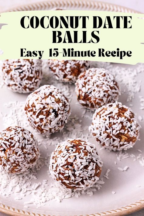 Easy coconut date balls with almonds, oats, cocoa (or cacao) powder, and cranberries make a delicious and healthy snack in 15 minutes. Made with healthy plant-based ingredients, gluten-free, dairy free, and refined sugar free. This quick, no-bake recipe is packed with recipe variations for nut-free, chocolate, and spices. Yummy bliss balls are kid-tested and fun to make! Nut Free Date Balls, Date Nut Balls With Coconut, Date Coconut Energy Balls, Date And Nuts Balls, Vegan Coconut Recipes, Date Coconut Balls, Healthy Date Recipe, Date Balls Healthy, Date Cookies Recipes