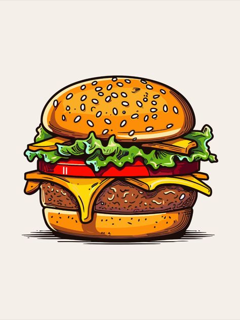 Burger Art Illustration, Burger Illustration Graphics, Cartoon Food Drawings, Food Drawing Illustration, Burger Painting, Cartoon Hamburger, Poster Burger, Burger Clipart, Burger Graphic