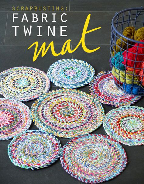 Scrap Fabric Twine Mat Tutorial Upcycle Fabric Twine, Scrap Fabric Projects, Fabric Bowls, Scrap Quilt, Costura Diy, Diy Rug, Scrappy Quilts, Fabric Baskets, Sewing Projects For Beginners