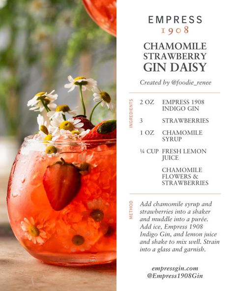 As spring blooms, it's time to incorporate your favourite florals into cocktail creations. Let's kick off the season with the beautiful and vibrant Chamomile Strawberry Gin Daisy by @foodie_renee! 💛 Gin Daisy, Floral Drinks, Dinner Party Drinks, Alcohol Ideas, Empress 1908 Gin, Bartender Drinks Recipes, Strawberry Gin, Bar Tender, Floral Drink