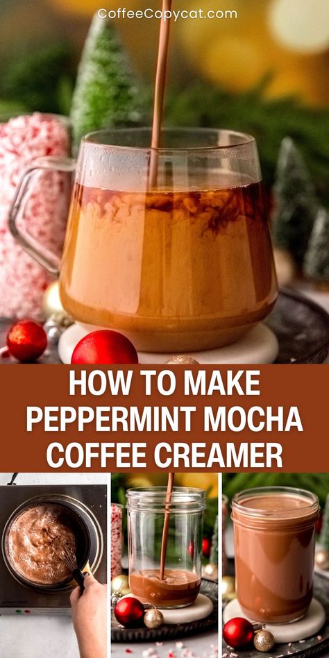 Homemade Peppermint Mocha Creamer - coffeecopycat.com Peppermint Creamer Homemade, Homemade Sweet Coffee Creamer, Chobani Peppermint Mocha Creamer, Diy Peppermint Mocha Creamer, Peppermint Mocha Creamer Recipe, Homemade Peppermint Mocha Creamer, Diy Peppermint Mocha, Mocha Creamer Recipe, Peppermint Mocha Coffee Creamer