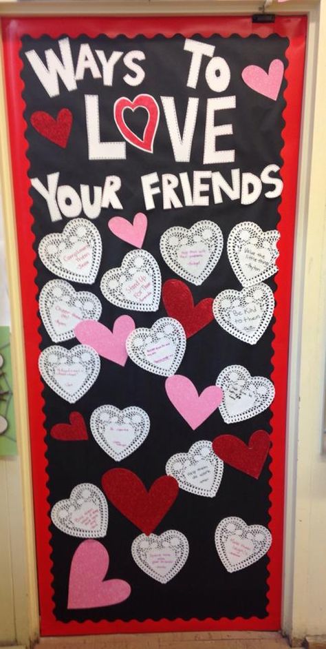 Love Is Bulletin Board, Friendship Door Decorations Classroom, Heart Bulletin Board Ideas, Friendship Bulletin Board Ideas, Friendship Bulletin Board, Valentines Classroom Door, Valentines Board, Heart Doilies, February Themes