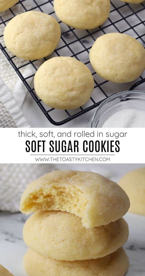 Soft sugar cookies recipe by The Toasty Kitchen. Soft sugar cookies are thick, tender cookies rolled in sugar to add a sweet, crunchy crust. The perfect cookie for year round, and a classic to add to your holiday cookie tray. #softsugarcookies #sugarcookies #homemade #cookierecipe #holidaycookies #recipe #dessert Sugar Cookies Rolled In Sugar, Soft Chewy Cookie Recipes, Homade Sugar Cookies Recipe Easy, Whipped Sugar Cookies, Big Soft Sugar Cookie Recipe, Grandmas Sugar Cookies, Low Fat Sugar Cookies, Soft Cutout Cookies, Sugar Cookie Ingredients