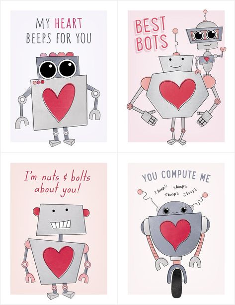 Cute Robot Valentine's Day Cards Robot Valentine Cards, Valentines Robots, Glow Stick Valentine, Illustration Business Cards, Valentine Printables, Valentine Messages, Printable Valentines Cards, Glow Stick, Valentines Art