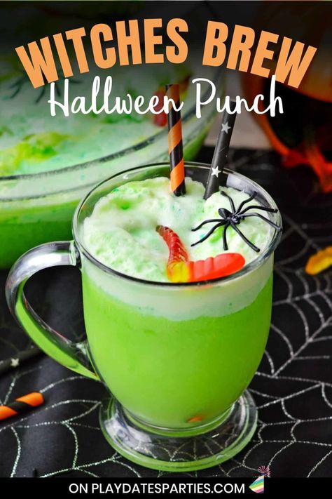 Easy Halloween Punch, Witches Brew Punch, Halloween Punch For Kids, Witch Brew Recipe, Halloween Party Punch, Halloween Punch Recipes, Green Punch, Gummy Worm, Halloween Party Drinks