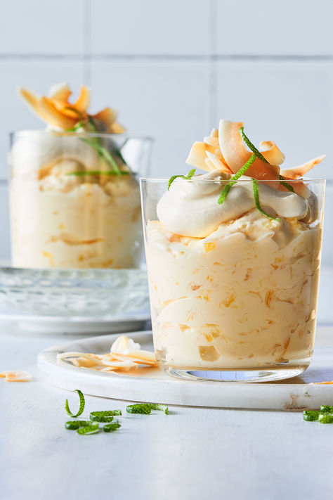 This beloved mousse-like dessert will transport your tastebuds to paradise with its divine pineapple-mango flavour and crunchy coconut topping. Pineapple Mousse Recipe, Pineapple Mousse, Mini Dessert, Cold Desserts, Mango Flavor, Buying Groceries, Mini Desserts, Decadent Desserts, Sweet Treats