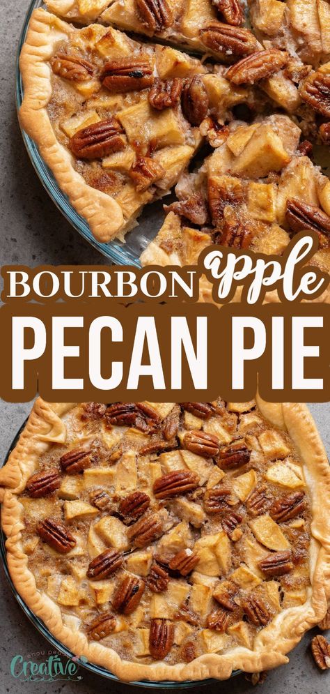 Bourbon Pecan Pie is the perfect dessert to add indulgence to your next gathering or holiday feast. This irresistible treat blends rich pecans, apples, and bourbon for a delectable, boozy twist on the classic apple pecan pie. Serve it warm with a scoop of vanilla ice cream or a dollop of whipped cream for an extra touch of decadence. Bourbon Dessert Recipes, Bourbon Desserts, Bourbon Pecan Pie Recipe, Fun Rice Krispie Treats, Apple Pecan Pie, Walnut Pie, Pecan Cobbler, Bourbon Pecan Pie, Homemade Toffee