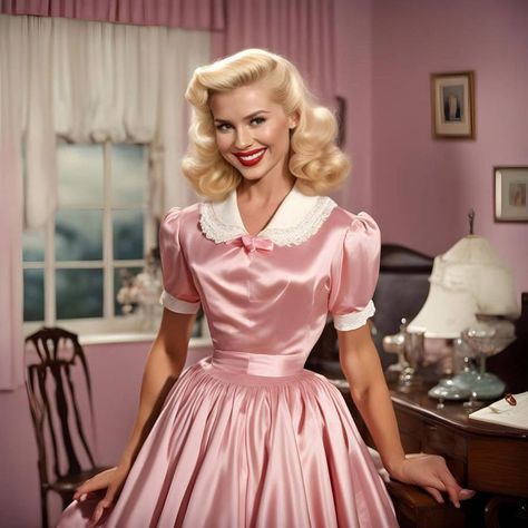 80s Housewife, 1950s Housewife Fashion, Christian Femininity, 50s Housewife Dress, Traditional Femininity, 50s Housewife, Housewife Dress, 1950s Housewife, Satin Clothes