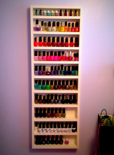 DIY nail polish shelf Nail Polish Display Ideas Diy, Mail Polish Organization, Floating Nail Polish Shelves, Nail Polish Shelf Display, Nail Polish Shelf Diy, Wooden Nail Polish Rack, Nail Polish Shelf Wall Shelves, Diy Wedding Buffet, Nail Polish Shelf