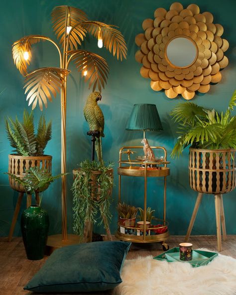 Tropical Rainforest Decor, Jewel Tone Living Room Bohemian, Tropical House Decor, Mirror Shelves, Bar Trolley, Spring Interiors, Green Parrot, Drinks Trolley, Gold Living Room