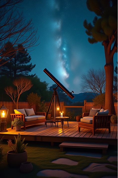 Illuminated backyard stargazing setup with seating and telescope under clear sky Stargazing Deck, Backyard Stargazing, Backyard Observatory, Creative Backyard Ideas, Celestial Garden, Creative Ideas For Kids, Creative Backyard, Backyard Sanctuary, Sky Watch