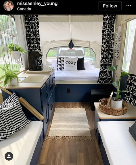 Blue Camper Interior, Pop Up Trailer Makeover, Navy Blue Cabinets, Coleman Pop Up Campers, Jayco Campers, Tent Trailer Remodel, Camping Decorations, Boho Camper, Pop Up Camper Trailer