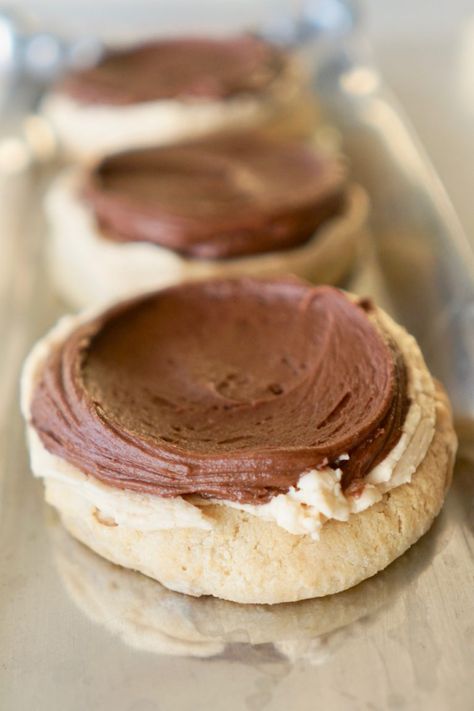 Peanut Butter Frosting Cookies, Peanut Butter Cookie With Chocolate Frosting, Peanut Butter Cookies With Frosting, Crumbl Cookie Copycat Peanut Butter, Cutlers Cookies, Crumbl Peanut Butter Cookies, Frosted Peanut Butter Cookies, Bountiful Kitchen, Crumble Cookie Recipe