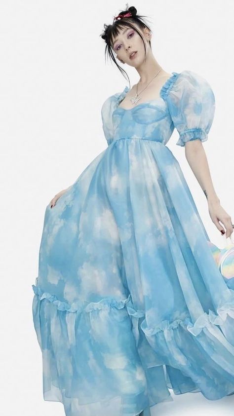 Cloud Dress Gowns, Disco Moodboard, Queer Prom, Cloud Fashion, Princess Fairy Dress, Cloud Dress, Cloud Theme, Prom Themes, Sky Blue Dress