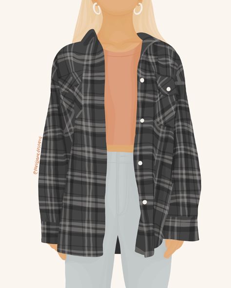 Checked Shirt Women, Baggy Dresses, Baggy Shirt, Baggy T-shirt, Shirt Drawing, Flannel Outfits, Shirt Illustration, Fashion Illustration Dresses, Dress Drawing