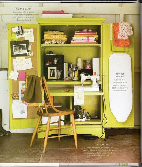 self-contained armoire craft space Sewing Workspace, Small Sewing Space, Craft Armoire, Sewing Nook, Sewing Station, Sewing Room Inspiration, Sewing Spaces, Craft Cabinet, Sewing Cabinet