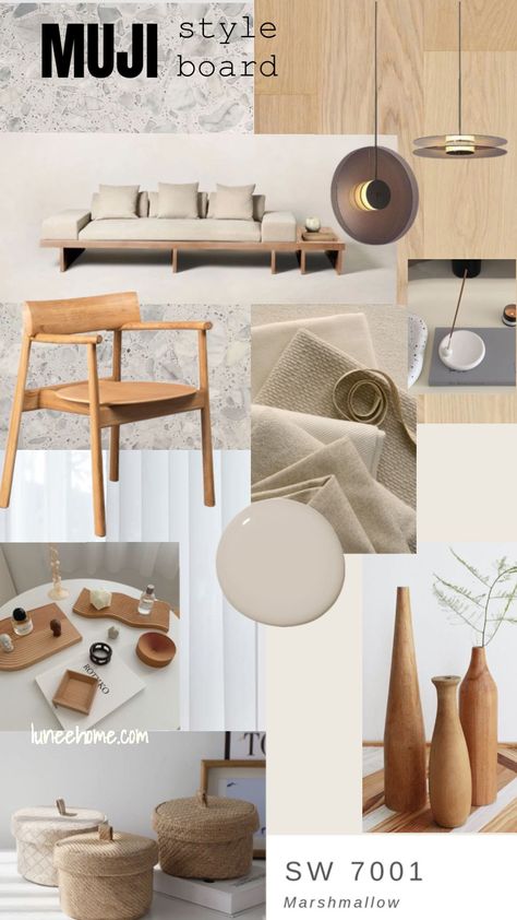 Muji Home Design, Japandi House Design, Muji Style Interior, Muji Inspired Home, Muji Interior Design, Muji Interior, Style Mood Board, Brown Decorative Pillows, Japandi House