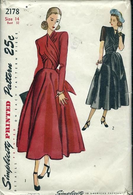 Late 40s cocktail dinner day dress full skirt criss cross front sash belt padded shoulders long short sleeves black red rust brown satin evening shoes hair color illustration print ad vintage fashion post war era Simplicity 2178 Vintage Clothes Patterns, Patron Vintage, Vintage Dress Patterns, 40s Fashion, Vogue Patterns, Fashion Sewing Pattern, Old Fashion, 1940s Fashion, Dress Sewing