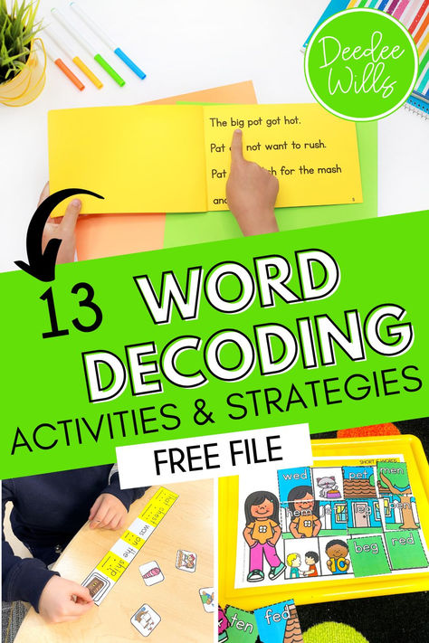 A comprehensive list of word decoding activities and strategies to develop decoding skills within young readers. Decodable books, games, printables, small-group resources, and more! Don't miss the free file! Decoding Words Activities, Decoding Activities, Words Activities, Cvc Words Kindergarten, Decodable Books, Interactive Writing, Literacy Centers Kindergarten, Decoding Words, Phonemic Awareness Activities