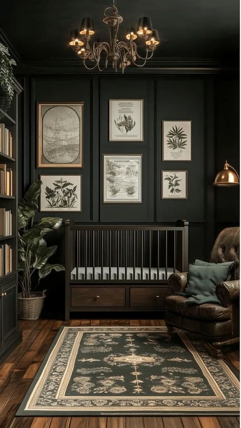 Dark And Moody Playroom, Moody Whimsical Aesthetic, Dark Neutral Nursery, Nursery Ideas Moody, Modern Eclectic Nursery, Dark Wood Nursery Girl, Moody Green Nursery, Dark Green Boy Nursery, Moody Baby Girl Nursery