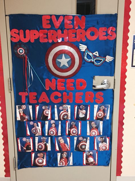 Teacher Appreciation classroom door. We had a superhero theme for the year. Superhero Theme Classroom Door, Marvel Classroom Door, Marvel Theme Classroom, Avengers Classroom Theme, Marvel Classroom Theme, Marvel Classroom, Superhero Classroom Door, Superhero School Theme, Superhero Teacher Appreciation