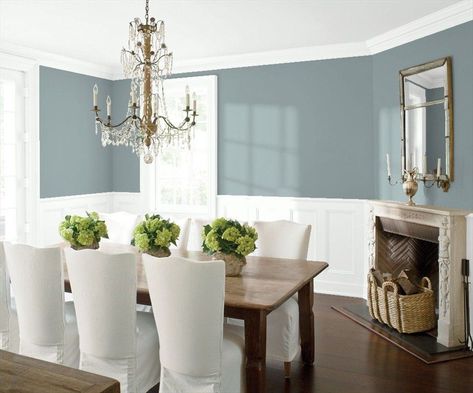 Dining Room 2 | Benjamin Moore Cloudy Sky #ChairRail Dining Room Wainscoting, Wainscoting Styles, Dining Room Paint Colors, Blue Green Paints, Diy Wainscoting, Color Combinations Paint, Dining Room Paint, Welsh Dresser, Dining Room Colors