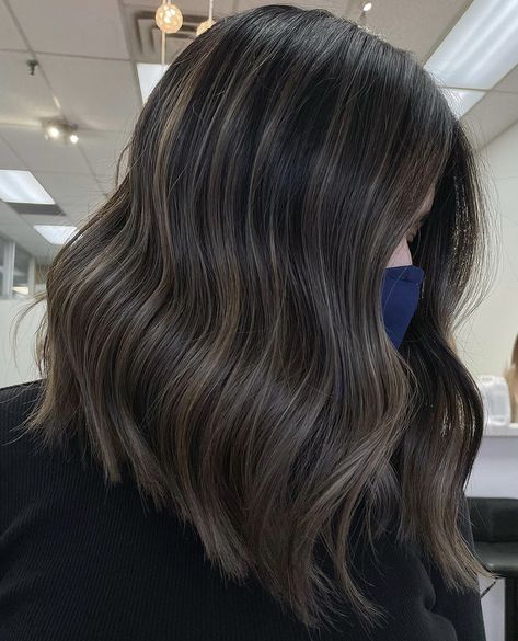 Dusty Brown Highlights On Black Hair, Dark Brown Ash Blonde Highlights, Brown Balayage In Black Hair, Ashy Dark Brown Balayage, Babylights In Black Hair, Brunette Balayage Hair Black, Dark Balayage Black Ash, Black And Blond Balayage, Ashy Blonde On Black Hair