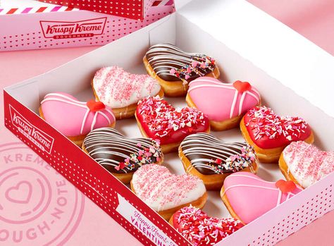 Donut Pics, Holiday Donuts, Donut Decorating Ideas, Donut Filling, Strawberry Icing, Krispy Kreme Donuts, Krispy Kreme Doughnut, Heart Sprinkles, Chocolate Icing