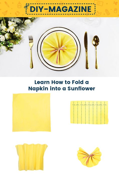 Learn to Make a Sunflower Napkin Fold | Create Easy Napkin Flowers Sunflower Napkin Fold, Sunflower Paper Craft, Fold A Napkin, Types Of Folds, Yellow Napkins, Red Napkins, Accordion Fold, Diy Magazine, Napkin Folding