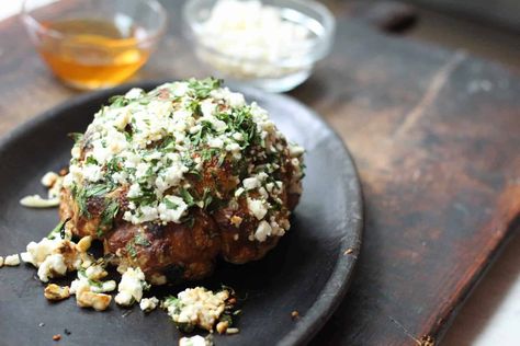 Whole Roasted Cauliflower with Feta and Honey Feta And Honey, Whole Cauliflower, Roasted Cauliflower Recipes, Cauliflower Dishes, Whole Roasted Cauliflower, Feta Recipes, Mediterranean Diet Recipes, Cauliflower Recipes, Veggie Sides