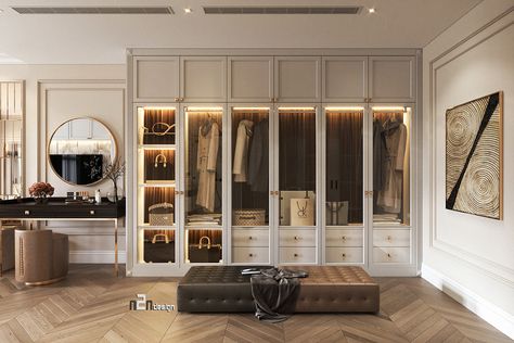 MASTER BEDROOM 02 ( NEOCLASSIC , LUXURY) on Behance Neoclassical Master Room, Classic Contemporary Walk In Closet, Neoclassical Dressing Room, Master Bedrooms New Classic, Classical Walk In Closet, Neoclassical Wardrobe Design, Neo Classic Walk In Closet, Luxury Neoclassic Bedroom Design, European Style Bedroom Design