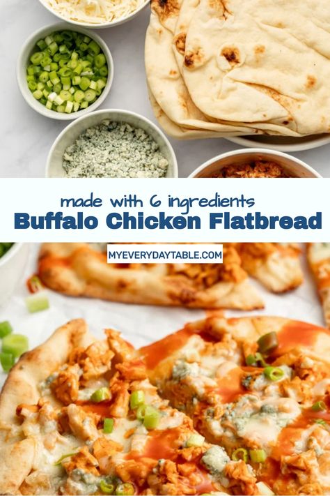 This buffalo chicken flatbread pizza recipe is made with just 6 simple ingredients and ready in 15 minutes! Let everyone top their own. Buffalo Chicken Flatbread Recipes, Healthy Flatbread Recipes, Buffalo Chicken Flatbread Pizza, Homemade Buffalo Chicken, Chicken Flatbread Recipes, Buffalo Chicken Flatbread, Buffalo Chicken Pizza Recipe, Flatbread Pizza Recipe, Chicken Flatbread Pizza