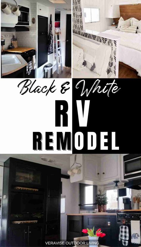 Camper Black Cabinets, Rv Decorating Ideas Black And White, Black Rv Bedroom, Black And Gray Rv Interior, Black And White Rv Decor, Black And White Camper Decor, Black And White Rv Bathroom, Black And White Rv Remodel, Black And White Camper Remodel