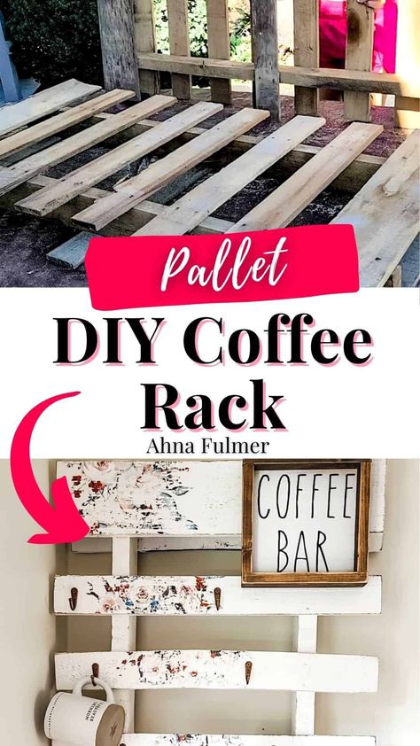 Need a cute idea for your coffee bar? Grab the next free pallet rack you find, and make this DIY farmhouse-style coffee mug rack! Tap on this pin for this DIY tutorial and more with Ahna Fulmer // HammersNHugs.com. #coffeebar #diy #homeproject Coffee Cup Holder Diy, Coffee Cup Storage, Coffee Mug Rack, Coffee Cup Rack, Coffee Cups Diy, Coffee Mug Display, Mug Storage, Coffee Mug Holder, Diy Farmhouse Style