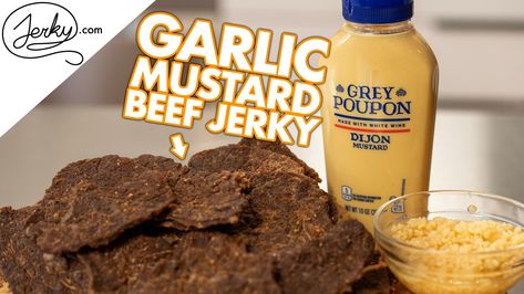 Garlic Mustard Beef Jerky Simple Beef Jerky Recipe, Potato Cassarole, Easy Beef Jerky, Peppered Beef Jerky Recipe, Meat Types, Fish Jerky, Bacon Jerky, Peach Chicken, Vegan Jerky