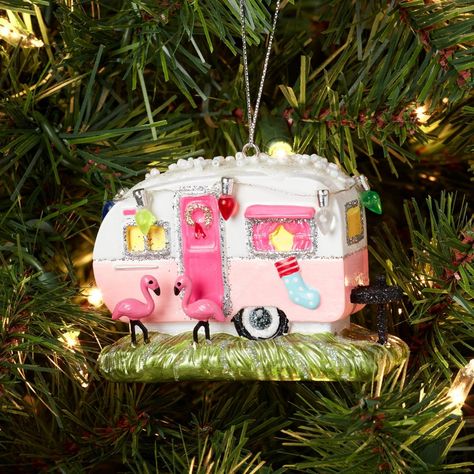 Pink Camper, Fishing Christmas Tree, Pink Trailer, Camper Christmas, Camper Ornament, Flamingo Nursery, Fishing Christmas, Tropical Nursery, Flamingo Birthday Party