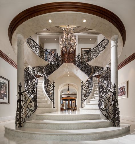 Baroque Style stair Luxury Houses Entrance, Grand Stairway, Luxury Staircase, Luxury Mansions Interior, Double Staircase, Stone Columns, Marble Flooring, Lan Can, Mansion Interior