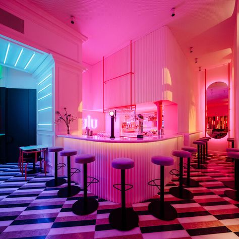 LULU Bar and Restaurant / DC.AD | ArchDaily Colorful Cafe, Dj Table, Arcade Bar, Pink Bar, Themed Cafes, Colored Mirror, Bar Inspiration, Bar And Restaurant, Natural Stone Flooring