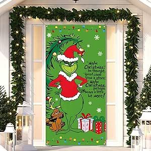 Merry Christmas Door Cover Grinchmas Whoville Xmas Winter Holiday Party Decorations Backdrop Door Hanging Banner Grinchmas Door, Party Decorations Backdrop, Grinch Door, Christmas Door Cover, Winter Holiday Party, Door Cover, Hanging Banner, Door Hanging, Christmas Door