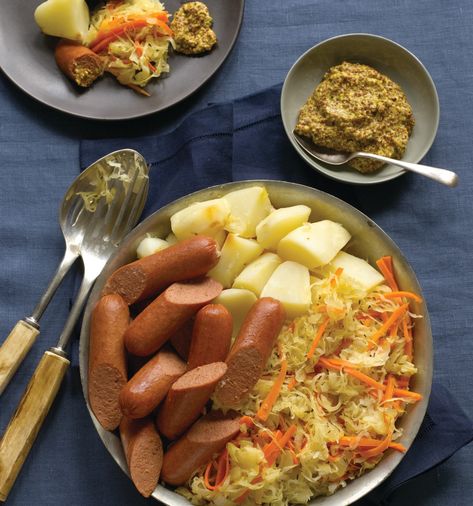 Knockwurst Recipes, Sauerkraut And Potatoes, Shabbat Meals, Cooking Crab Legs, Cooking Spaghetti Squash, Cooking Eggplant, Cooking Light Diet, Weekday Meals, Kosher Recipes