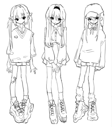 Y2k Chibi Art, Front Pose Reference Drawing, Dekoiichan Art, Semi Chibi Art Style, Y2k Art Drawing, Full Body Base, Moe Art Style, Moe Art, Arte Grunge