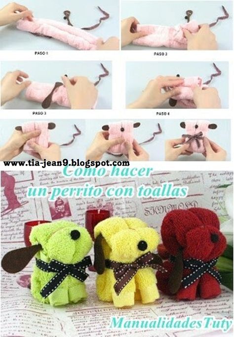 so a paso con jeannine siguenos en facebook pa Washcloth Teddy Bear, Washcloth Animals, Towel Origami, Washcloth Crafts, Săpunuri Handmade, Towel Cakes, Towel Animals, Origami Fashion, Nappy Cakes