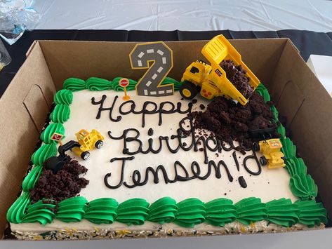 DIY your sheet cake for a construction themed birthday party. I got a sheet cake with green icing and Happy Birthday written on it, crumbled up some homemade fudge brownies and piled it on to look like dirt. Then after cleaning my sons toy trucks I put them right on the cake to dig some dirt! Super fun, everyone loved it! #diybirthdaycake #constructioncake #constructionthemebirthday #2yroldbirthday #boysbirthdayparty #browniecake #dirtcake #truckcake #birthday #diy Construction Theme Sheet Cake, Construction Sheet Cake, Homemade Fudge Brownies, Happy Birthday Writing, Slab Cake, Construction Cake, Diy Birthday Cake, Dirt Cake, Truck Cakes