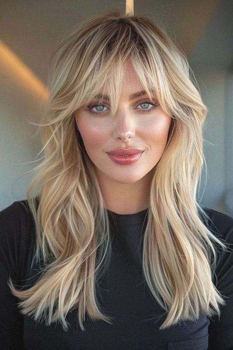 Medium Haircut With Curtain Bangs, Haircut With Curtain Bangs, Bang Hair, Medium Haircut, Light Blonde Highlights, Blonde Layers, Hair Dress, Gold Blonde, European Hair